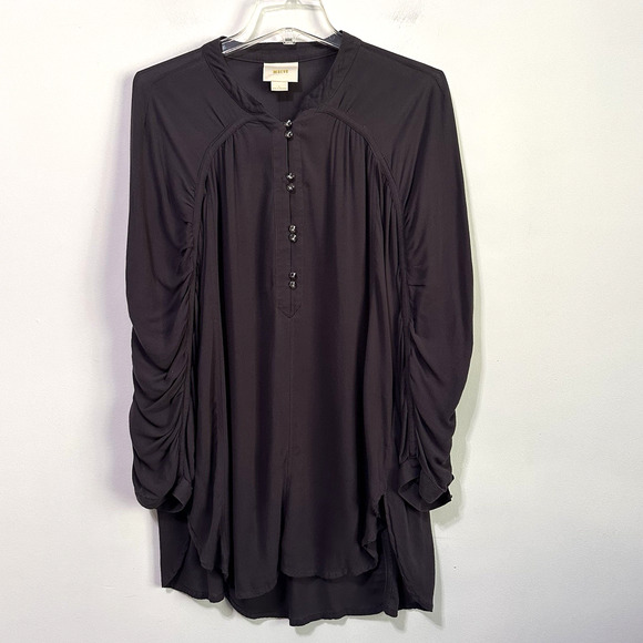 Maeve Ruched Sleeve Tunic Top L Gray Half Button Anthropologie Rayon Boho Casual - Picture 1 of 10